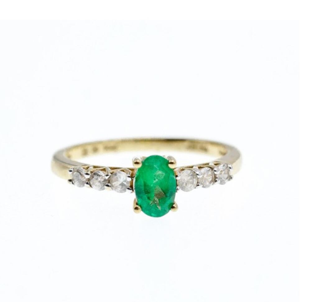 10K Yellow Gold Emerald & Colorless Spinel Ring Size 6.25